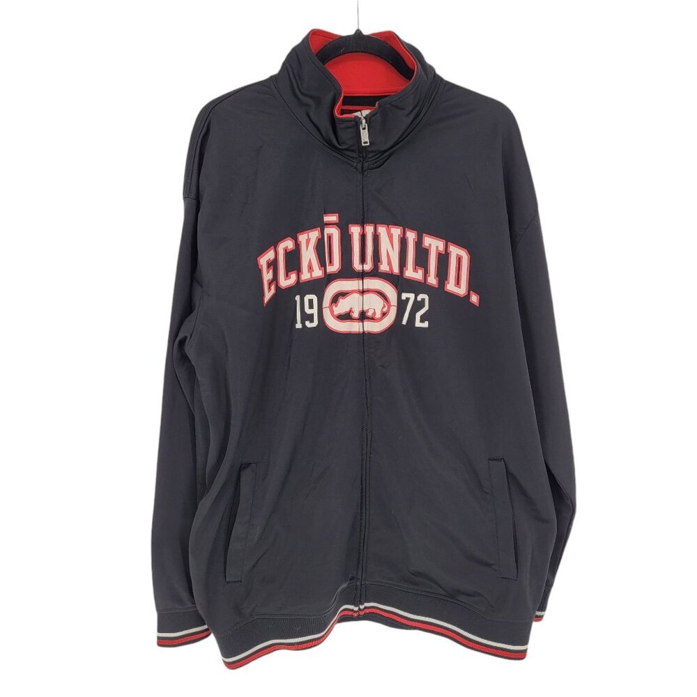 Ecko UNLTD mens XL black red Large logo full zip athletic jacket pockets Y2K
